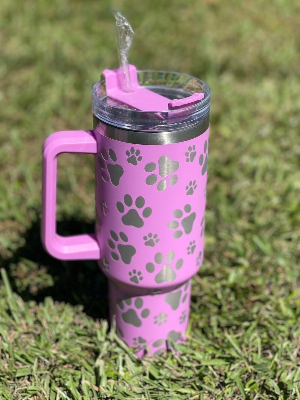 40oz Pink Paw Print Stainless Steel Tumbler w/ handle and straw
